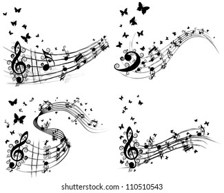 Musical Designs Sets With Elements From Music Staff , Treble Clef< Swirls, Butterflies  And Notes in Black and White Colors. Elegant Creative Design With Shadows Isolated on White. Vector Illustration
