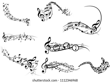 Musical Designs Sets With Elements From Music Staff , Treble Clef And Notes in Black and White. Vector Illustration.