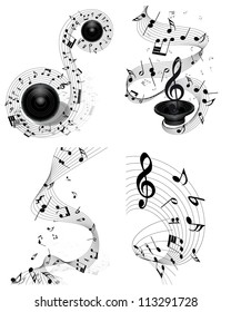Musical Designs Sets With Elements From Music Staff , Treble Clef And Notes in Black and White Colors. Elegant Creative Design With Shadows and Isolated on White. Vector Illustration.