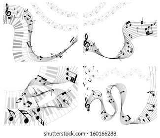 Musical Designs Sets With Elements From Music Staff , Treble Clef And Notes in Black and White Colors. Elegant Creative Design With Shadows and Isolated on White. Vector Illustration.