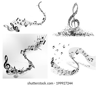 Musical Designs Sets With Elements From Music Staff , Treble Clef And Notes in Black and White Colors. Elegant Creative Design With Shadows and Isolated on White. Vector Illustration.