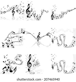 Musical Designs Sets With Elements From Music Staff , Treble Clef And Notes in Black and White Colors. Elegant Creative Design With Shadows and Isolated on White. Vector Illustration.