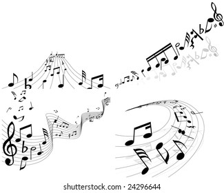 Musical Designs Sets With Elements From Music Staff , Treble Clef And Notes in Black and White Colors. Elegant Creative Design With Shadows and Isolated on White. Vector Illustration.