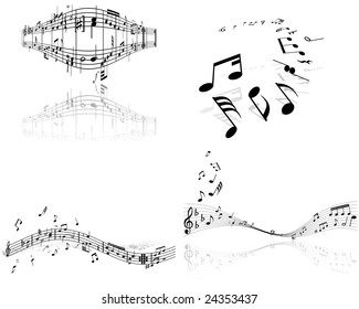 Musical Designs Sets With Elements From Music Staff , Treble Clef And Notes in Black and White Colors. Elegant Creative Design With Shadows and Isolated on White. Vector Illustration.