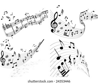 Musical Designs Sets With Elements From Music Staff , Treble Clef And Notes in Black and White Colors. Elegant Creative Design With Shadows and Isolated on White. Vector Illustration.