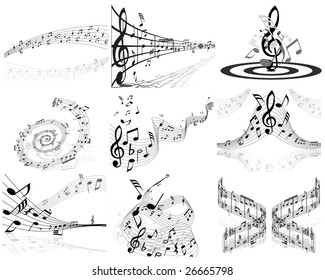 Musical Designs Sets With Elements From Music Staff , Treble Clef And Notes in Black and White Colors. Elegant Creative Design With Shadows and Isolated on White. Vector Illustration.