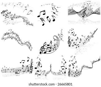 Musical Designs Sets With Elements From Music Staff , Treble Clef And Notes in Black and White Colors. Elegant Creative Design With Shadows and Isolated on White. Vector Illustration.