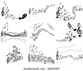 Musical Designs Sets With Elements From Music Staff , Treble Clef And Notes. Vector Illustration. 