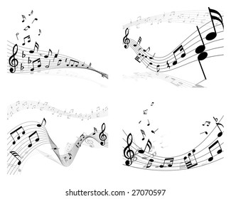 Musical Designs Sets With Elements From Music Staff , Treble Clef And Notes in Black and White Colors. Elegant Creative Design With Shadows and Isolated on White. Vector Illustration.