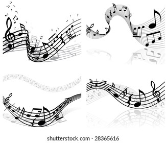 Musical Designs Sets With Elements From Music Staff , Treble Clef And Notes in Black and White Colors. Elegant Creative Design With Shadows and Isolated on White. Vector Illustration.