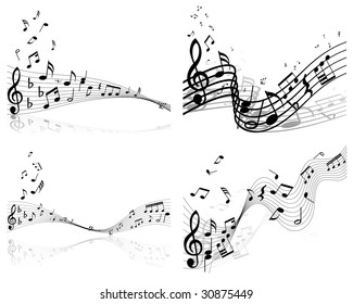 Musical Designs Sets With Elements From Music Staff , Treble Clef And Notes in Black and White Colors. Elegant Creative Design With Shadows and Isolated on White. Vector Illustration.