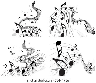 Musical Designs Sets With Elements From Music Staff , Treble Clef And Notes in Black and White Colors. Elegant Creative Design With Shadows and Isolated on White. Vector Illustration.