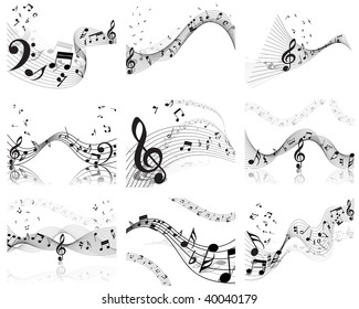 Musical Designs Sets With Elements From Music Staff , Treble Clef And Notes in Black and White Colors. Elegant Creative Design With Shadows and Isolated on White. Vector Illustration.