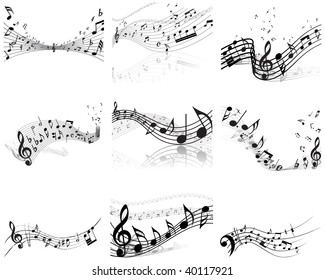 Musical Designs Sets With Elements From Music Staff , Treble Clef And Notes in Black and White Colors. Elegant Creative Design With Shadows and Isolated on White. Vector Illustration.