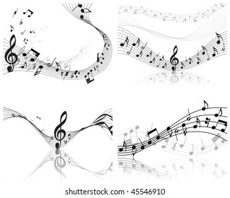 Musical Designs Sets With Elements From Music Staff , Treble Clef And Notes in Black and White Colors. Elegant Creative Design With Shadows and Isolated on White. Vector Illustration.