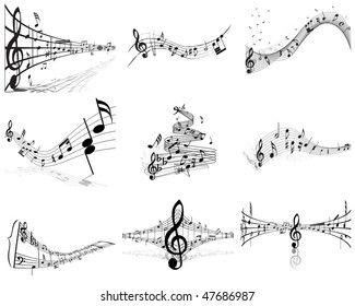 Musical Designs Sets With Elements From Music Staff , Treble Clef And Notes in Black and White Colors. Elegant Creative Design With Shadows and Isolated on White. Vector Illustration.