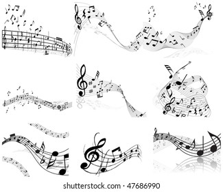 Musical Designs Sets With Elements From Music Staff , Treble Clef And Notes in Black and White Colors. Elegant Creative Design With Shadows and Isolated on White. Vector Illustration.