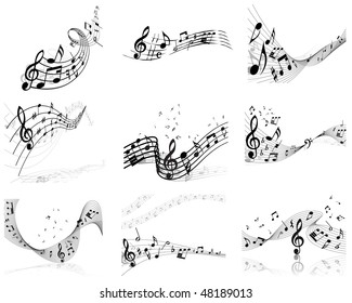 Musical Designs Sets With Elements From Music Staff , Treble Clef And Notes in Black and White Colors. Elegant Creative Design With Shadows and Isolated on White. Vector Illustration.