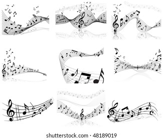 Musical Designs Sets With Elements From Music Staff , Treble Clef And Notes in Black and White Colors. Elegant Creative Design With Shadows and Isolated on White. Vector Illustration.