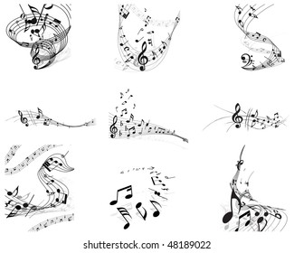 Musical Designs Sets With Elements From Music Staff , Treble Clef And Notes in Black and White Colors. Elegant Creative Design With Shadows and Isolated on White. Vector Illustration.