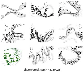 Musical Designs Sets With Elements From Music Staff , Treble Clef And Notes in Black and White Colors. Elegant Creative Design With Shadows and Isolated on White. Vector Illustration.