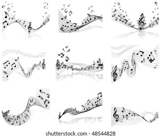 Musical Designs Sets With Elements From Music Staff , Treble Clef And Notes in Black and White Colors. Elegant Creative Design With Shadows and Isolated on White. Vector Illustration.