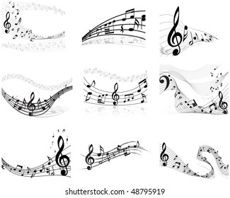 Musical Designs Sets With Elements From Music Staff , Treble Clef And Notes in Black and White Colors. Elegant Creative Design With Shadows and Isolated on White. Vector Illustration.