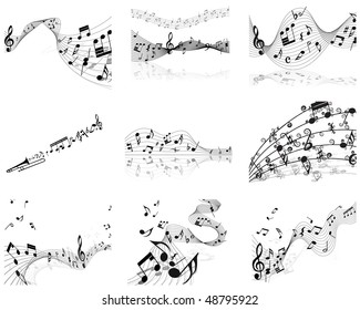 Musical Designs Sets With Elements From Music Staff , Treble Clef And Notes in Black and White Colors. Elegant Creative Design With Shadows and Isolated on White. Vector Illustration.