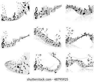 Musical Designs Sets With Elements From Music Staff , Treble Clef And Notes in Black and White Colors. Elegant Creative Design With Shadows and Isolated on White. Vector Illustration.