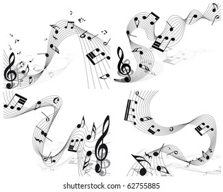 Musical Designs Sets With Elements From Music Staff , Treble Clef And Notes in Black and White Colors. Elegant Creative Design With Shadows and Isolated on White. Vector Illustration.