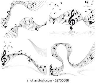 Musical Designs Sets With Elements From Music Staff , Treble Clef And Notes in Black and White Colors. Elegant Creative Design With Shadows and Isolated on White. Vector Illustration.