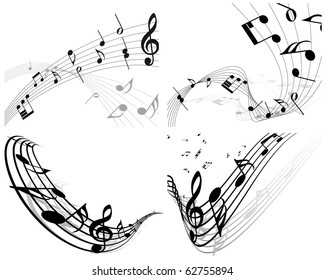 Musical Designs Sets With Elements From Music Staff , Treble Clef And Notes in Black and White Colors. Elegant Creative Design With Shadows and Isolated on White. Vector Illustration.