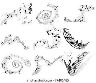 Musical Designs Sets With Elements From Music Staff , Treble Clef And Notes in Black and White Colors. Elegant Creative Design With Shadows and Isolated on White. Vector Illustration.