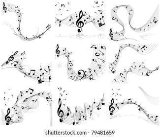 Musical Designs Sets With Elements From Music Staff , Treble Clef And Notes in Black and White. Vector Illustration. 