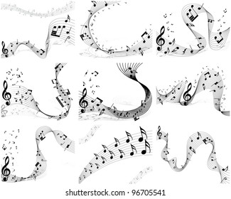 Musical Designs Sets With Elements From Music Staff , Treble Clef And Notes. Vector Illustration. 