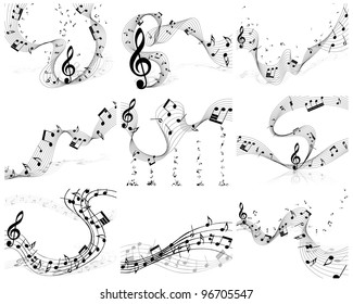 Musical Designs Sets With Elements From Music Staff , Treble Clef And Notes in Black and White. Vector Illustration.