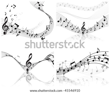 Musical Designs Sets With Elements From Music Staff , Treble Clef And Notes in Black and White Colors. Elegant Creative Design With Shadows and Isolated on White. Vector Illustration.