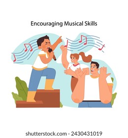 Musical development concept. Childs enthusiastic performance and joyous support of family, nurturing musical talent. Artistic self expression of children. Flat vector illustration.