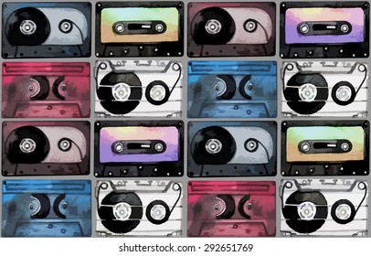 Musical devices of 60`s, 70`s, 80`s, 90`s.  Watercolor cassette pattern