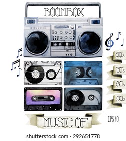 Musical devices of 60`s, 70`s, 80`s, 90`s. Watercolor tape recorder and cassettes. Vector design elements isolated on white background