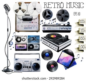 Musical devices of 60`s, 70`s, 80`s, 90`s. Watercolor vinyl turntable and records, tape recorder and cassettes, reel tape recorder, microphone. Vector design elements isolated on white background