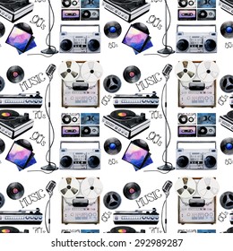 Musical devices of 60`s, 70`s, 80`s, 90`s. Vector pattern