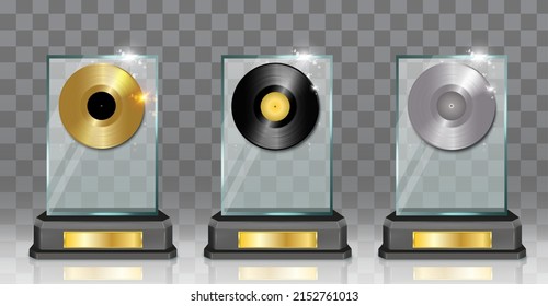 Musical disk award 3d mockup vector set. Gold, silver, platinum album prize. Music reward trophy isolated collection realistic design on transparent background