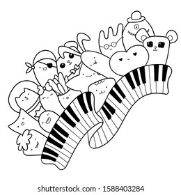 Musical doodle illustration   Piano keys and kawaii creatures  cute monsters   animals  Pattern for coloring page design print  Easy to change color inside objects 