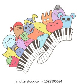 Musical doodle illustration   Piano keys and colorful kawaii creatures  cute monsters   animals  Pattern for design print  Easy to change color inside objects 
