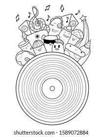 Musical doodle illustration.  Vinyl record with kawaii creatures music lovers, cute monsters and food. Music festival. Pattern for coloring page or design print. Easy change color inside of objects.