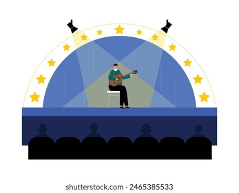 Musical drama actor playing guitar while performing on theater stage, vector illustration.