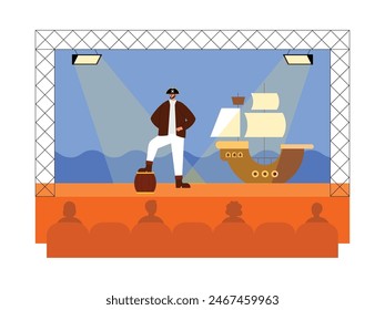 Musical drama actors act as pirates with costume and prop support, theater vector illustration.