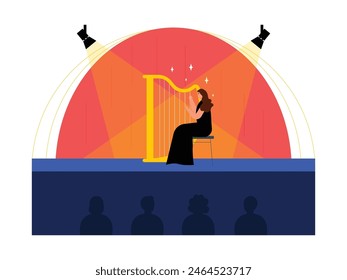 Musical drama actress playing harp as opening instrument, theater vector illustration.