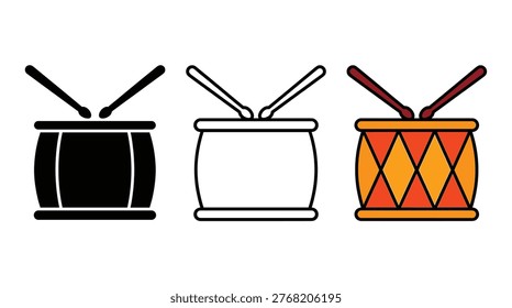 Musical drum instrument collection in solid, outline, and flat styles featuring percussion, rhythm, beat, sticks, and melody.